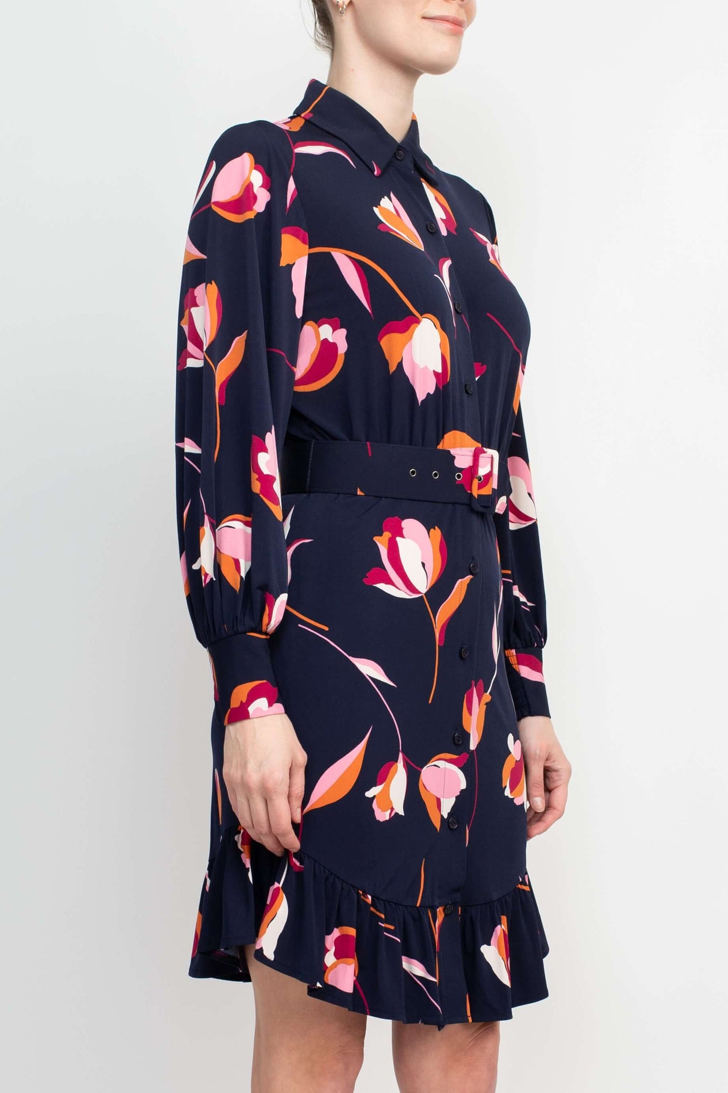 London Times Collared Button Down Elastic Cuff Long Sleeve Belted Jersey Dress-4