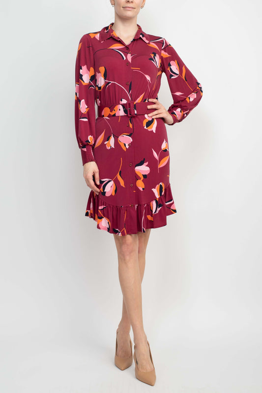 London Times Collared Button Down Elastic Cuff Long Sleeve Belted Jersey Dress-0