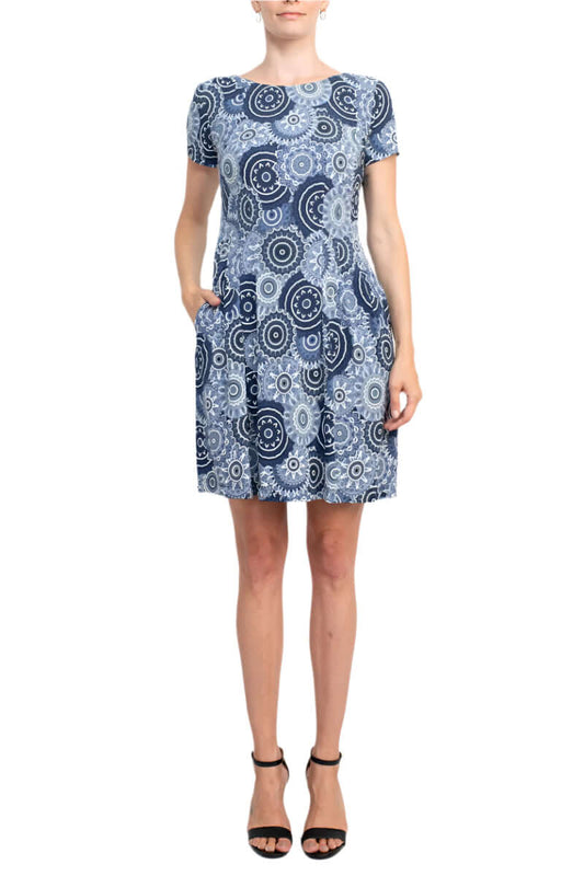 Connected Apparel Round Neck Short Sleeve Pleated Zipper Back Puff Print Fit & Flare Jersey Dress-0