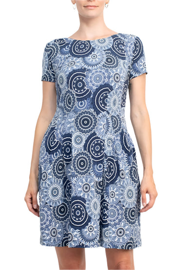 Connected Apparel Round Neck Short Sleeve Pleated Zipper Back Puff Print Fit & Flare Jersey Dress-1