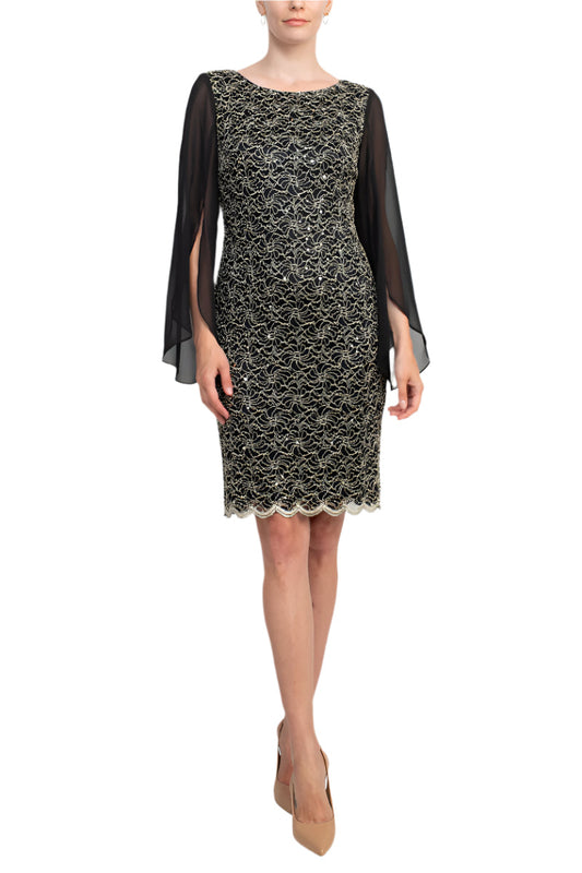 Connected Apparel Boat Neck Chiffon Sleeve Sequined Lace Dress-0