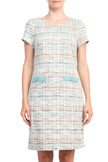 Connected Apparel Scoop Neck Short Sleeve Faux Pockets Shift Knit Dress-1