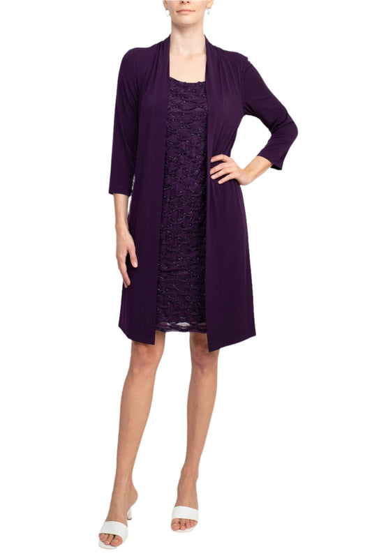 Connected Apparel Scoop Neckline 3/4 Sleeves Pull Over Short Metallic Knit Dress with Fixed Jacket-0