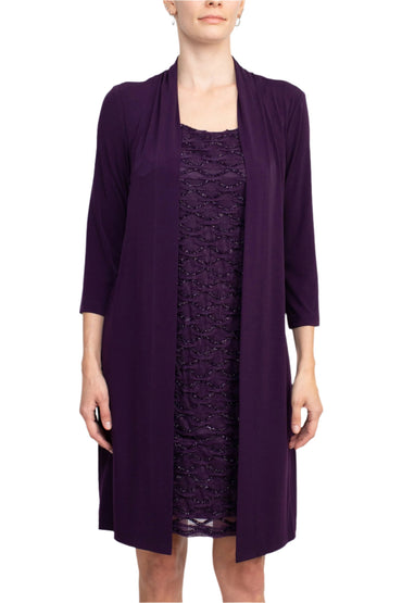 Connected Apparel Scoop Neckline 3/4 Sleeves Pull Over Short Metallic Knit Dress with Fixed Jacket-1