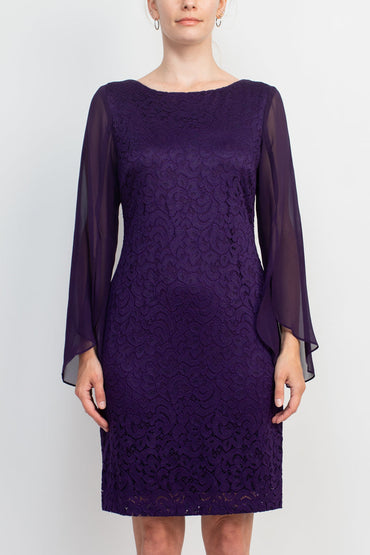 Connected Apparel Boat Neck Chiffon Long Sleeve Bodycon Embroidered Dress-1