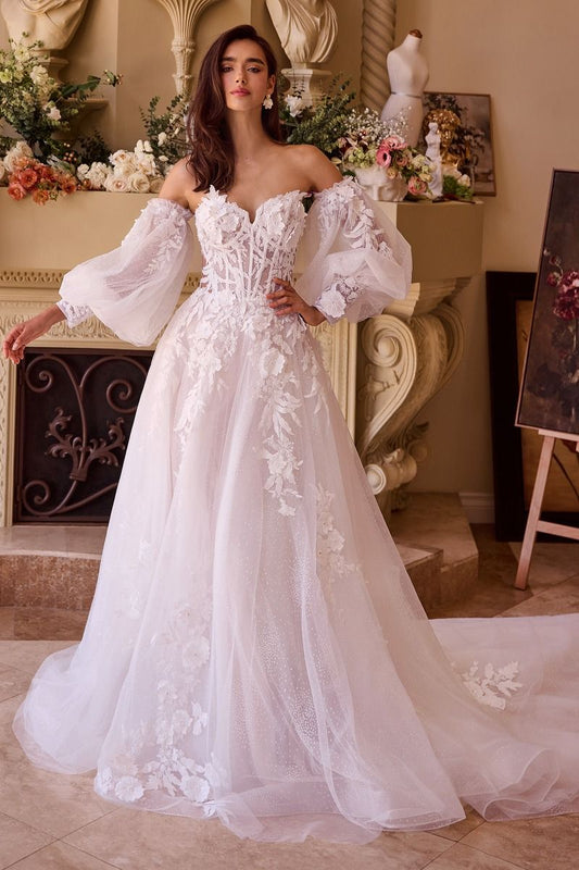 Off-the-Shoulder Floral Lace Embellished Bridal Gown w/ Detachable Puff Sleeves CDWL018-0