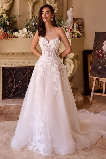 Off-the-Shoulder Floral Lace Embellished Bridal Gown w/ Detachable Puff Sleeves CDWL018-1