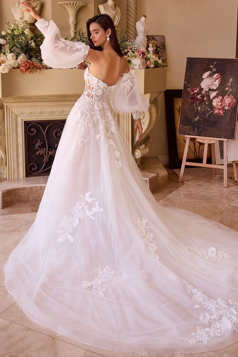 Off-the-Shoulder Floral Lace Embellished Bridal Gown w/ Detachable Puff Sleeves CDWL018-4