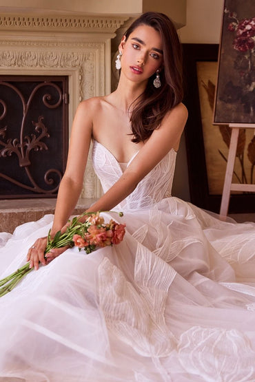 Strapless Floral Lace Embellihsed Off White Wedding Tulle Gown w/ Strapless Design CDWL043-1