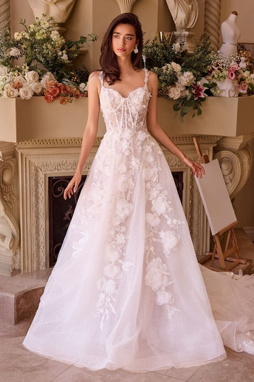 Floral Lace Appliqué Wedding Dress with Illusion Corset Bodice – Romantic A-Line Gown CDWL045-1
