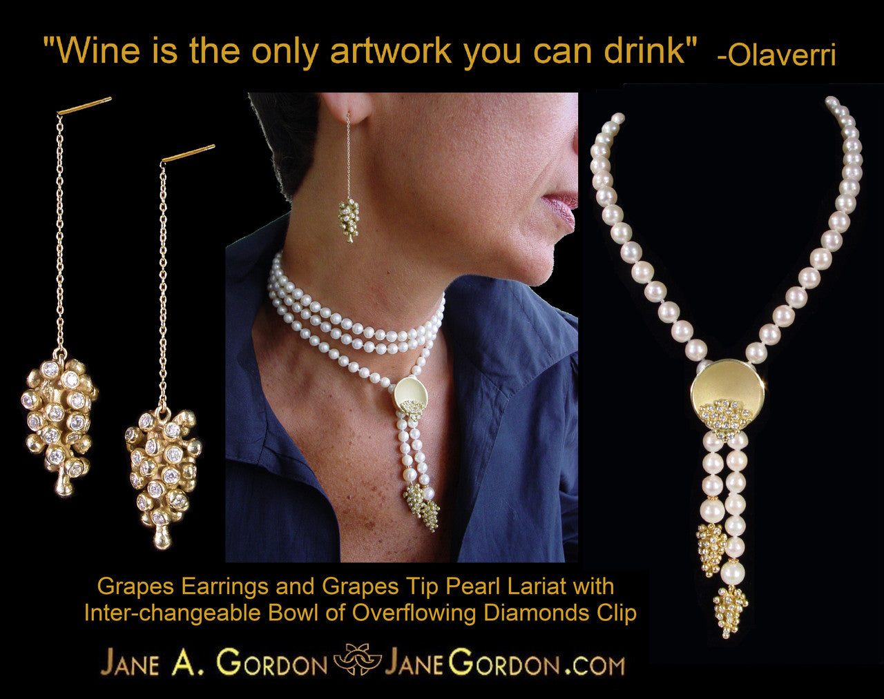 Grapes Necklace-18K Gold with Diamonds, Lariat Style on Hand-made Chain