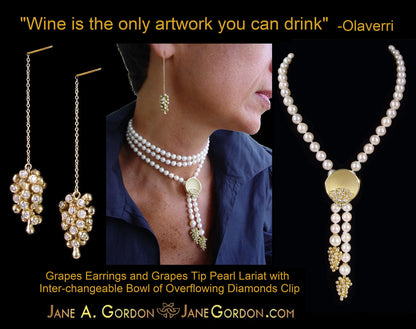 Grapes Necklace-18K Gold with Diamonds, Lariat Style on Hand-made Chain