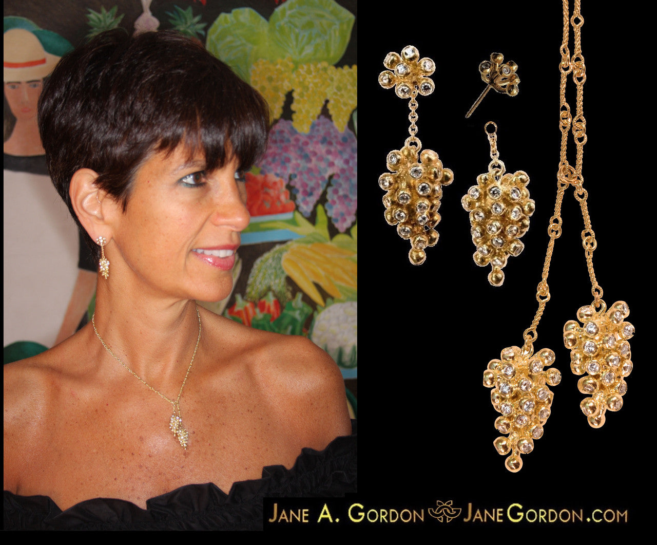 Grapes Necklace-18K Gold with Diamonds, Lariat Style on Hand-made Chain
