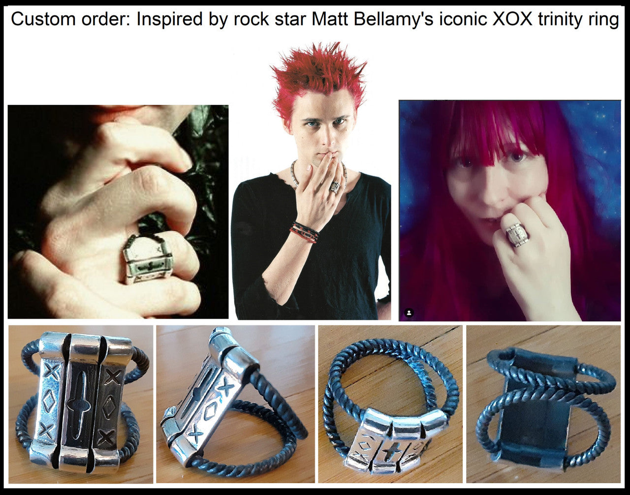 Custom Ring: Inspired by Muse Rock Star Matt Bellamy, XOX-Trinity. Sterling Silver