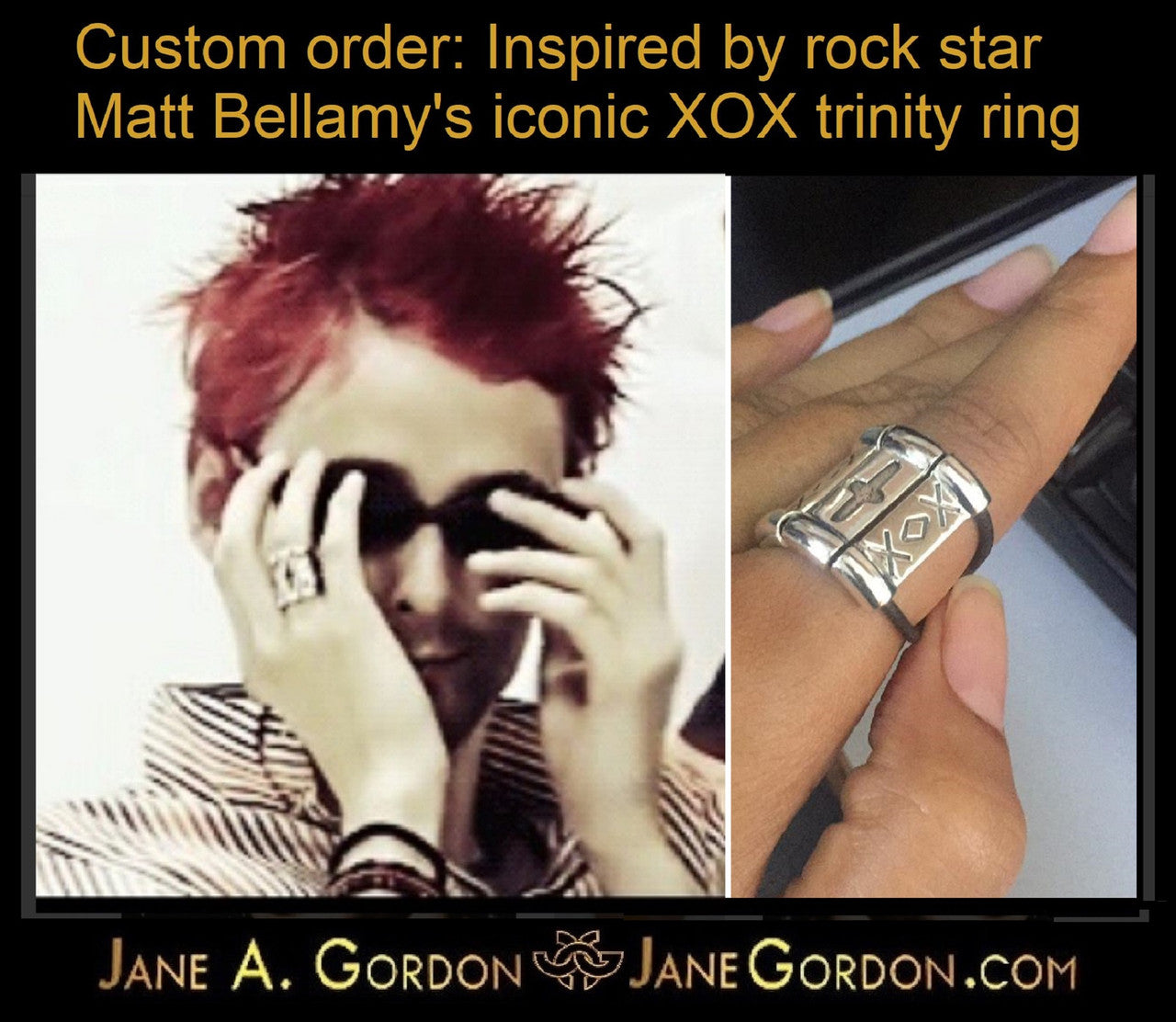 Custom Ring: Inspired by Muse Rock Star Matt Bellamy, XOX-Trinity. Sterling Silver
