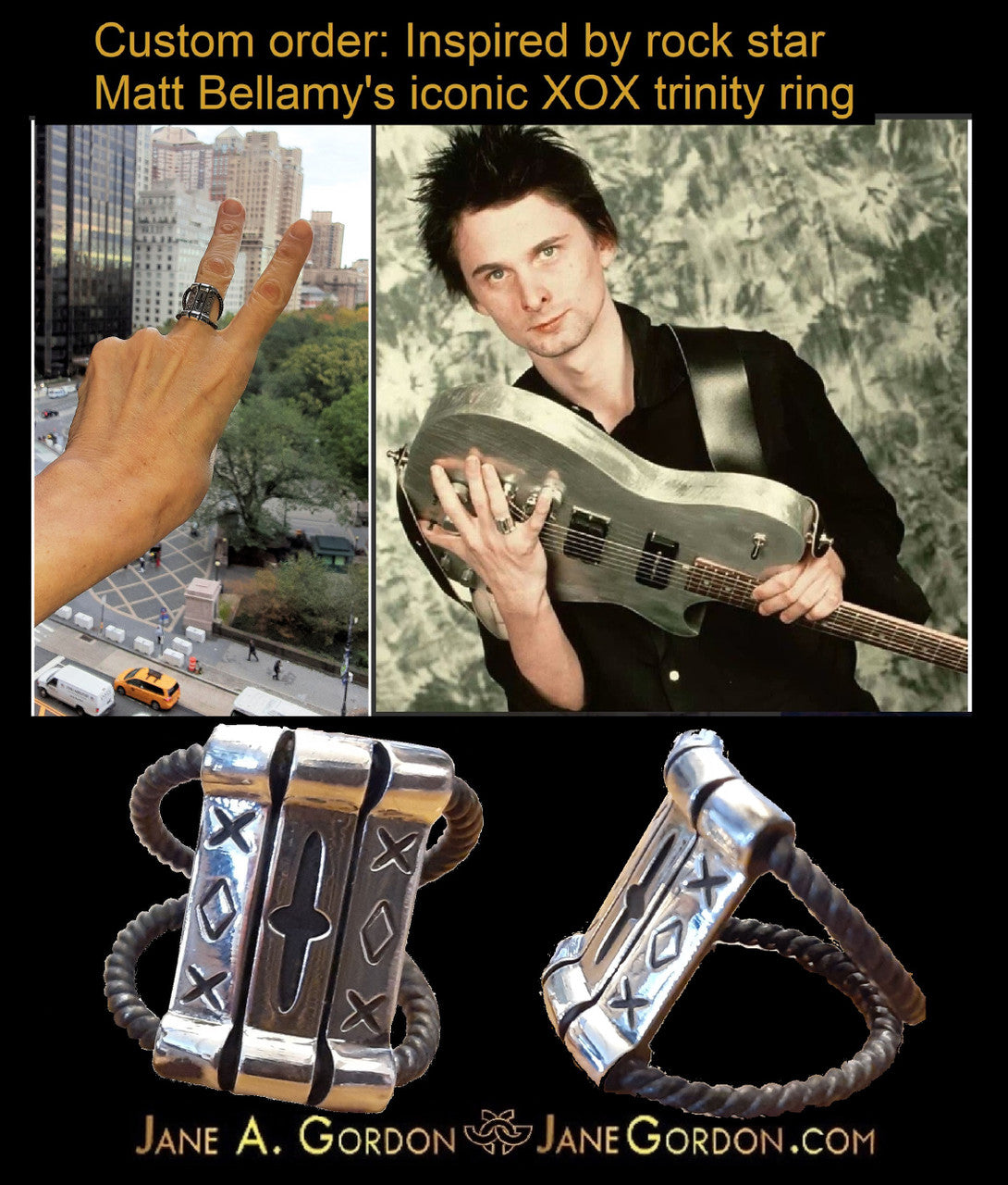 Custom Ring: Inspired by Muse Rock Star Matt Bellamy, XOX-Trinity. Sterling Silver