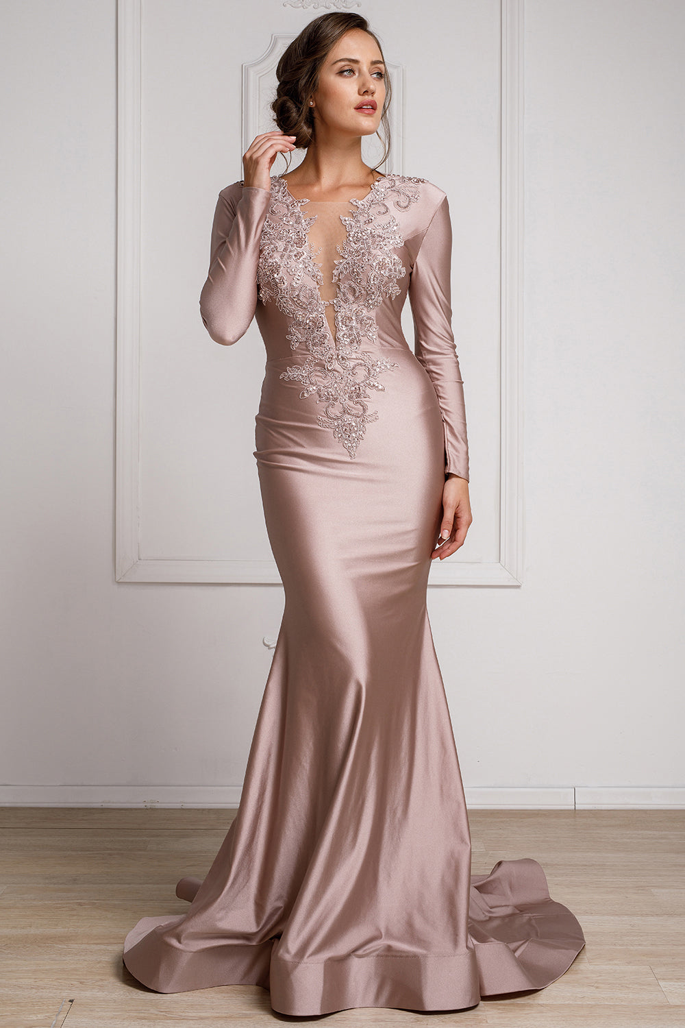 Illusion Deep V-Neck Long Sleeves Mermaid Long Prom Dress AC382-1