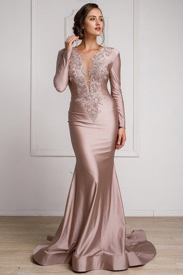 Illusion Deep V-Neck Long Sleeves Mermaid Long Prom Dress AC382-1