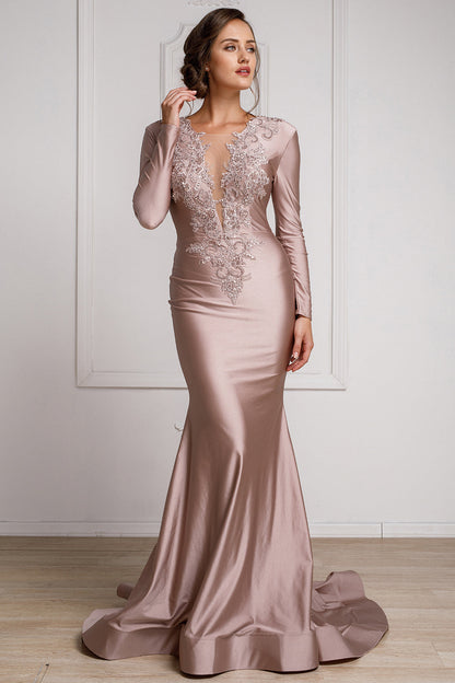 Illusion Deep V-Neck Long Sleeves Mermaid Long Prom Dress AC382-1