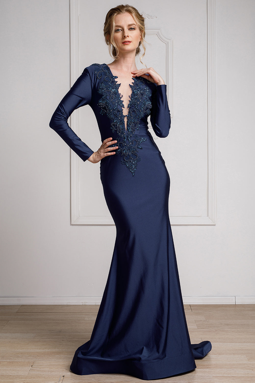 Illusion Deep V-Neck Long Sleeves Mermaid Long Prom Dress AC382-3