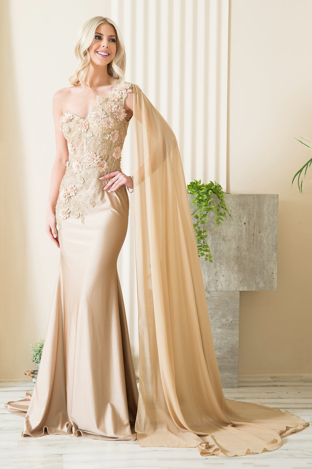 Strap One Shoulder 3D Floral Applique Mermaid Long Evening & Prom Dress AC388-3