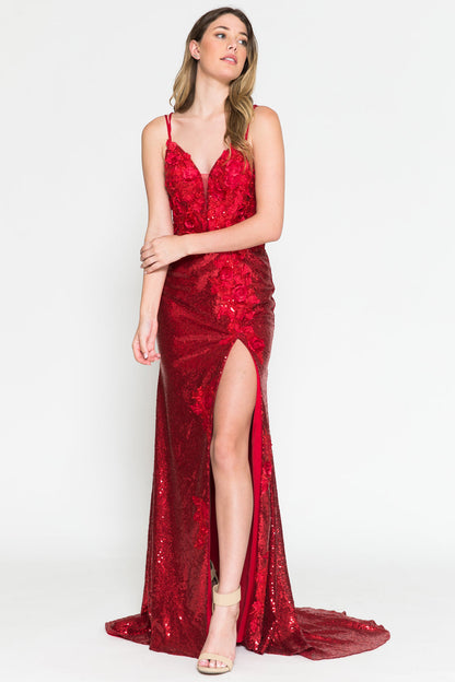Embroidered Sequin Slit Flower Detailed Long Evening & Wedding Dress AC5020