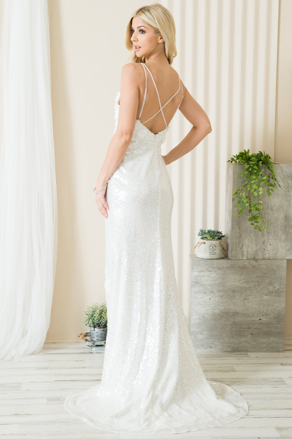 Embroidered Sequin Slit Flower Detailed Long Evening & Wedding Dress AC5020