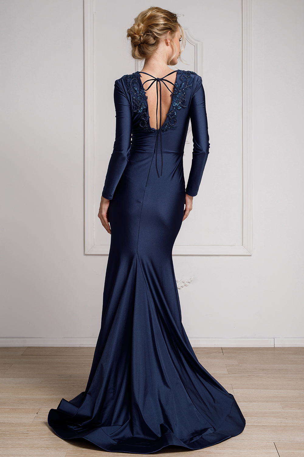 Illusion Deep V-Neck Long Sleeves Mermaid Long Prom Dress AC382-4
