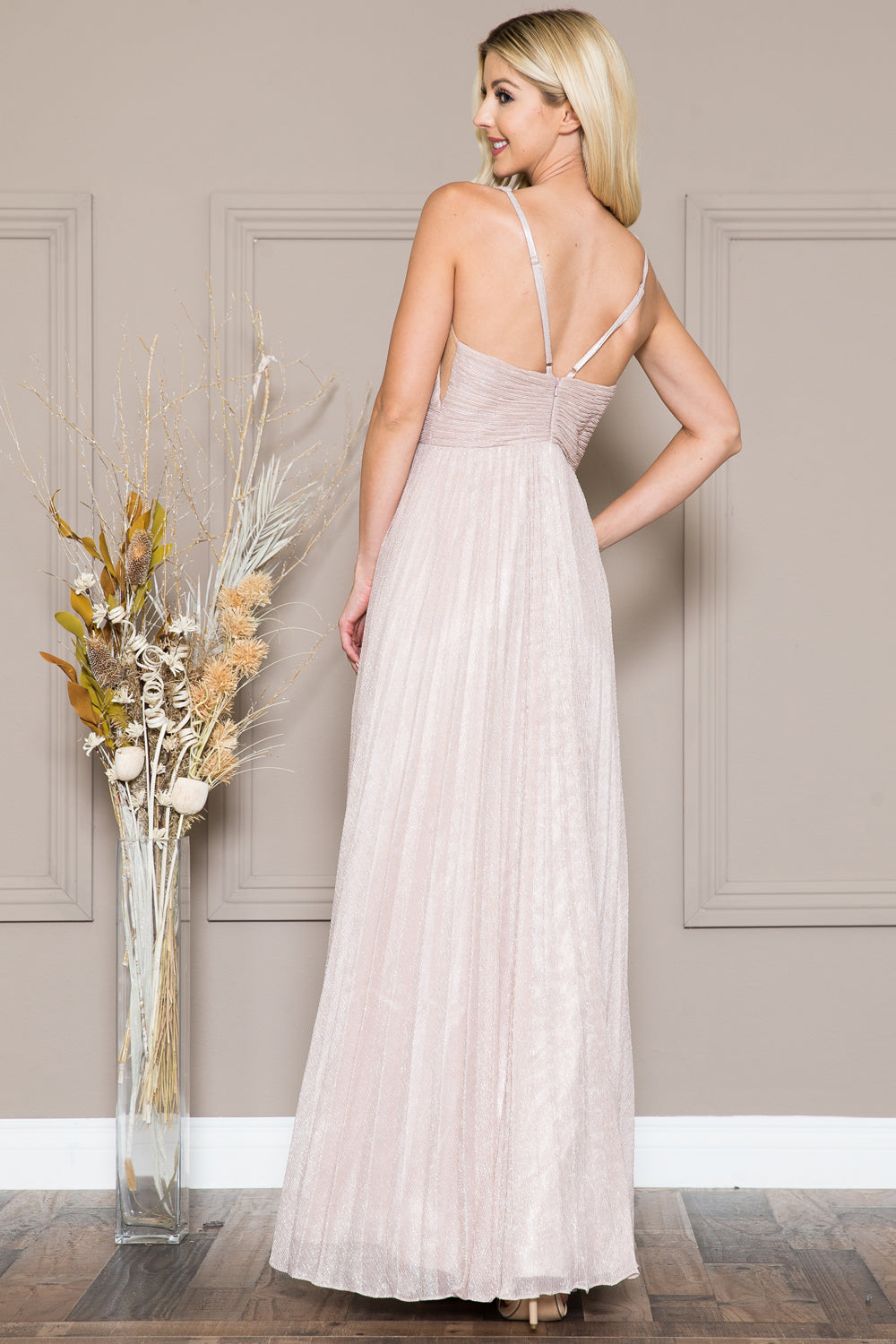 V-Neck Open Back Waist Detailed Glittery Long Evening & Prom Dress ACL598-2