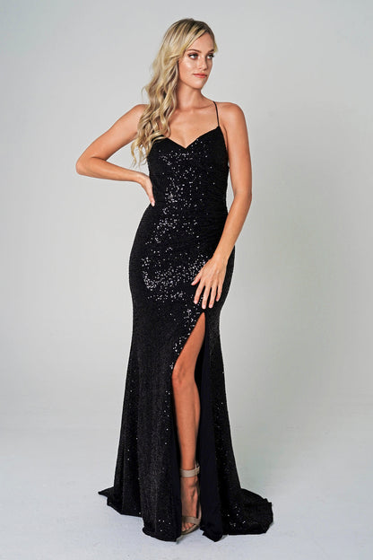Spaghetti Strap Sequins Zipper Back Long Prom Dress-0