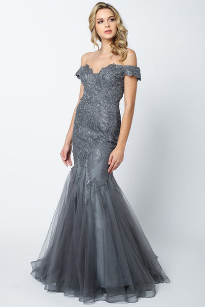 Embellished Lace Off Shoulder Mermaid Long Prom Dress-3