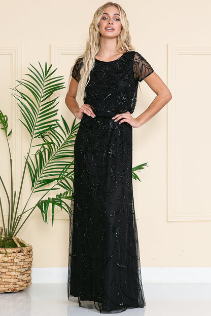 Short Sleeeves Glitter Embellished Long Mother Of The Bride Dress-0