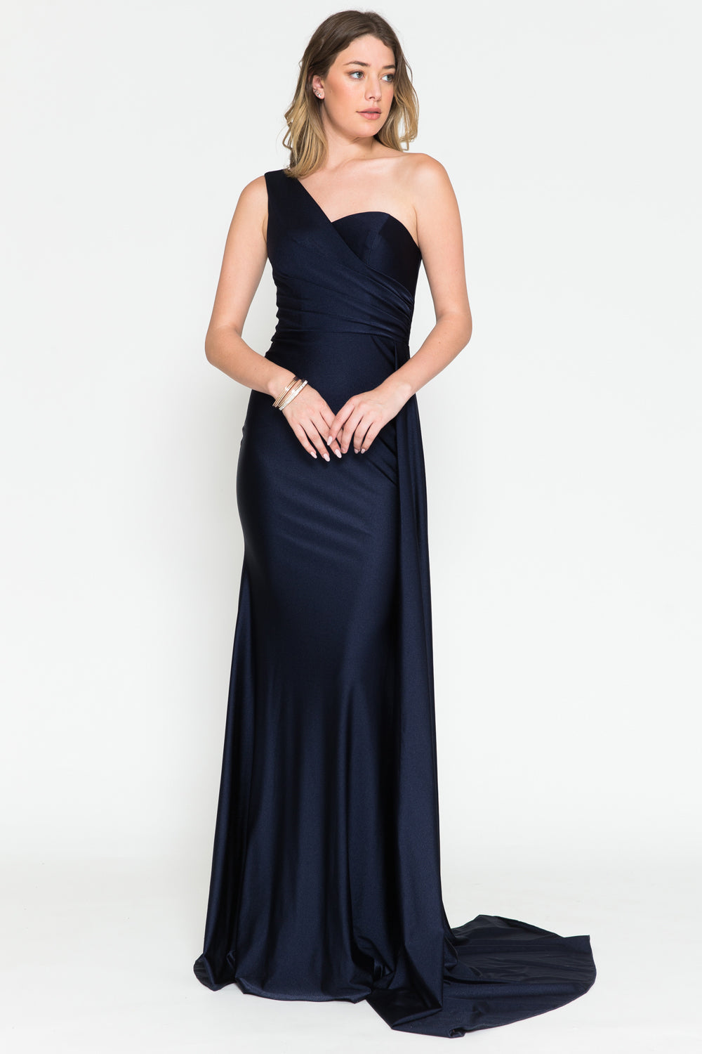 One Shoulder Fit & Flare Lycra Eleganr Side Cape Long Prom Dress AC387-7
