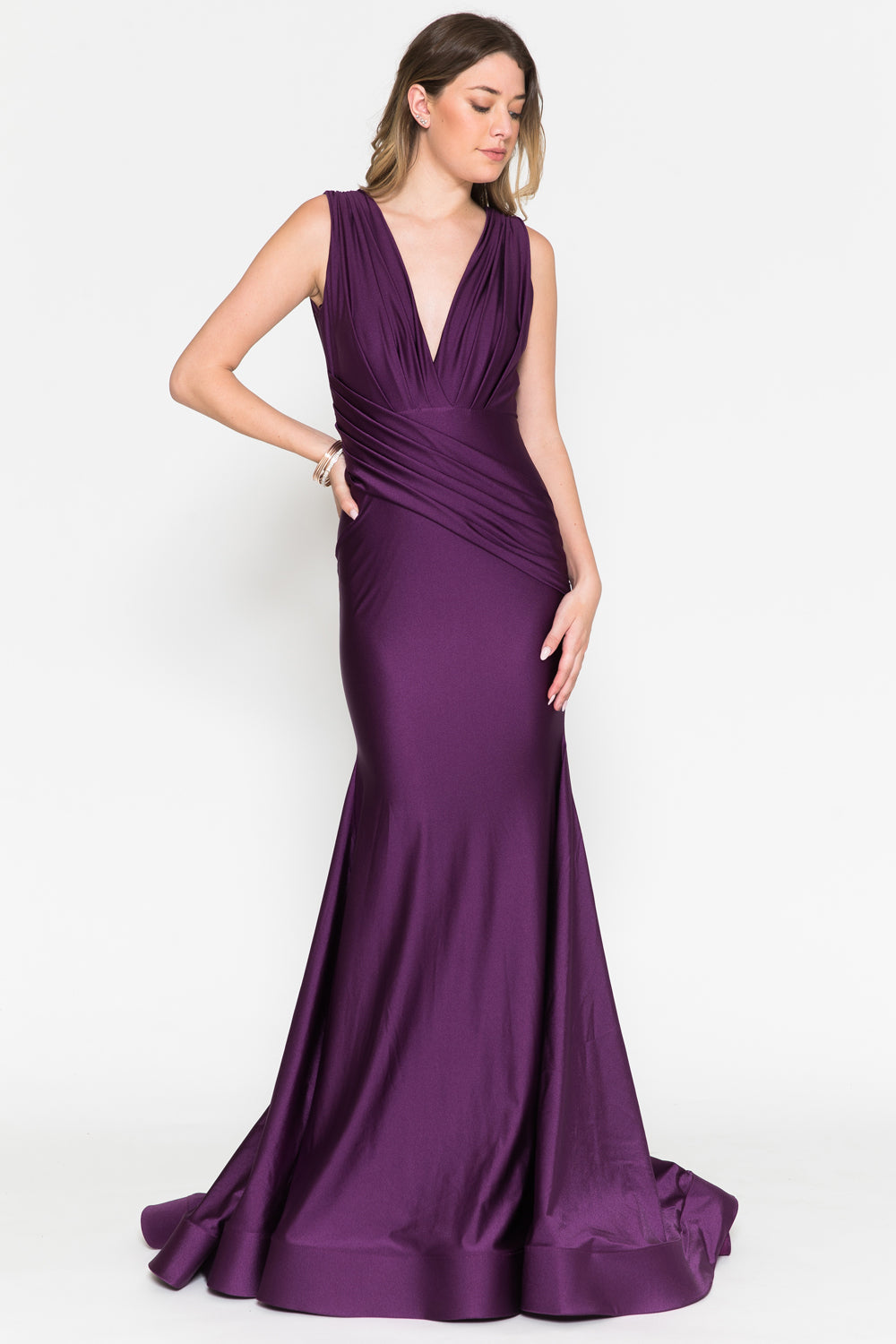 Sleeveless Bridesmaid Mermaid Gown Ruched Design & V-Neckline AC370-1-3