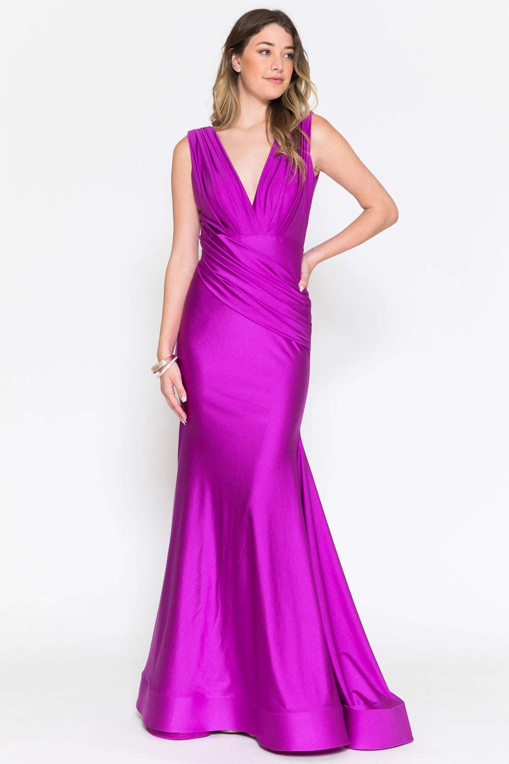 Sleeveless Bridesmaid Mermaid Gown Ruched Design & V-Neckline AC370-1-1