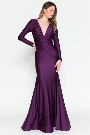 Long Sleeve Plunge Neckline Open Back Long Prom Dress AC381-1-1