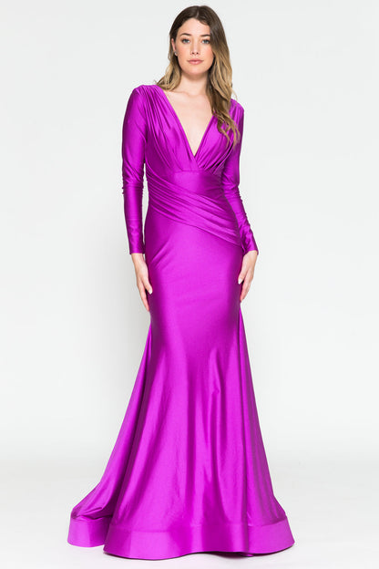 Long Sleeve Plunge Neckline Open Back Long Prom Dress AC381-1-3
