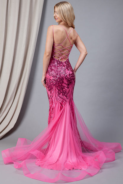 Embroidered Sequins Tulle Skirt Illusion V-Neck Long Prom Dress AC7021-2
