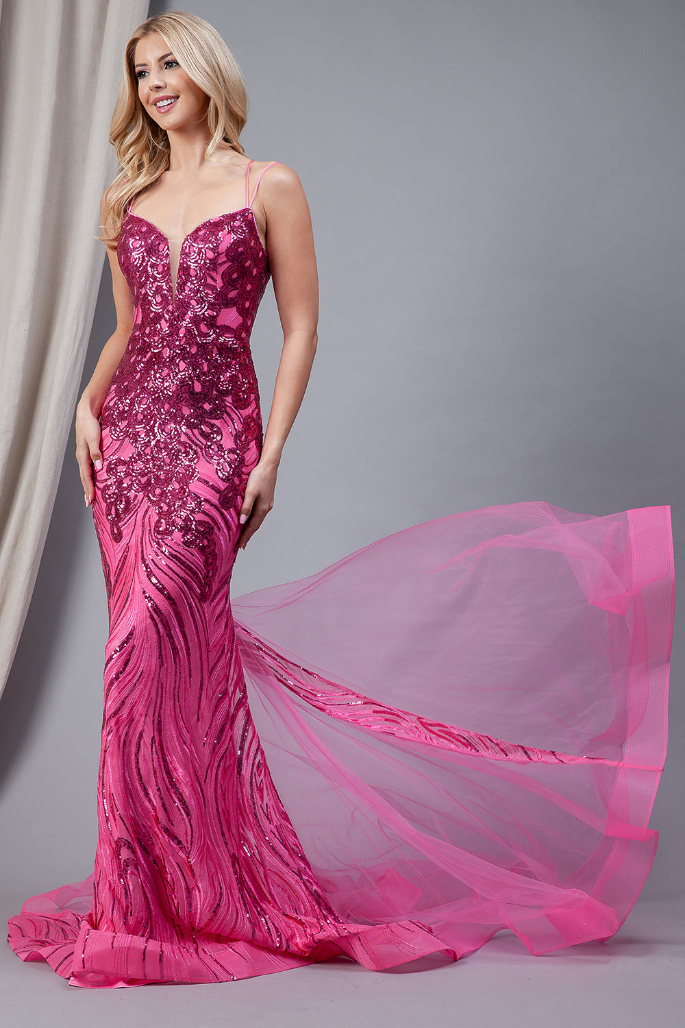 Embroidered Sequins Tulle Skirt Illusion V-Neck Long Prom Dress AC7021-1