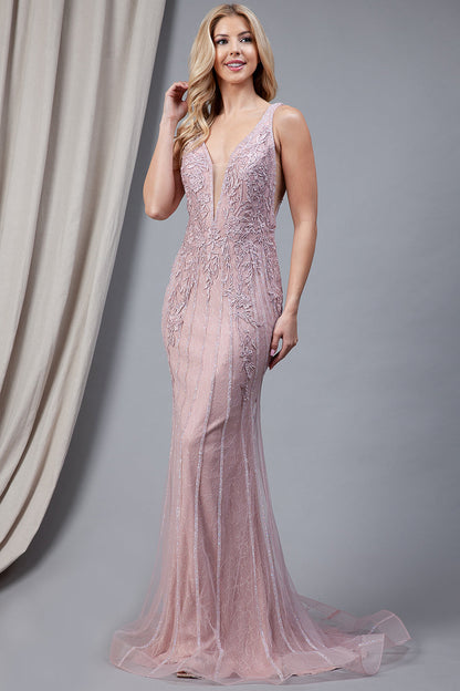 Illusion V-Neck Straps All-Over Vertical Rhinetone Pattern Long Prom Dress AC2103-5