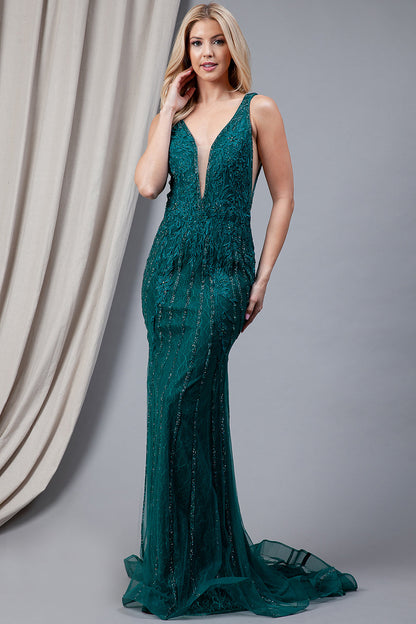 Illusion V-Neck Straps All-Over Vertical Rhinetone Pattern Long Prom Dress AC2103-1