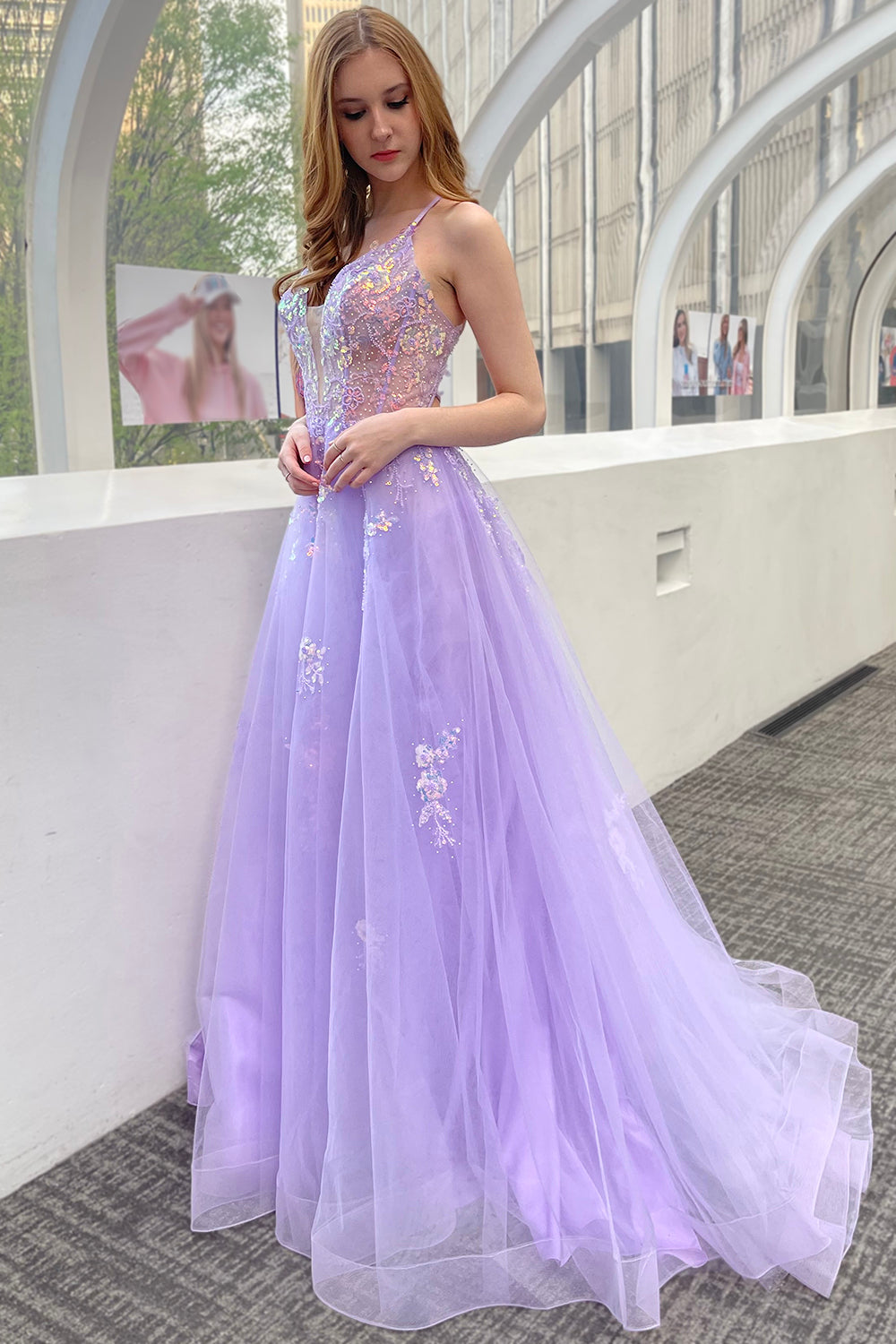 Tulle Skirt Embroidered Lace High Side Slit Long Prom Dress ACTM1003-3