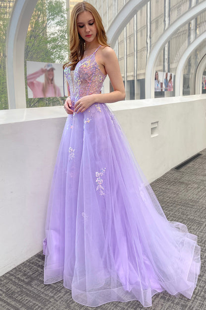 Tulle Skirt Embroidered Lace High Side Slit Long Prom Dress ACTM1003-3