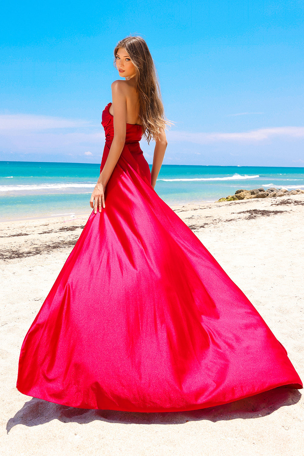 Sleeveless Festive Floor Length Gown w/ V-Neckline & Elegant Hip Cape AC3013-2