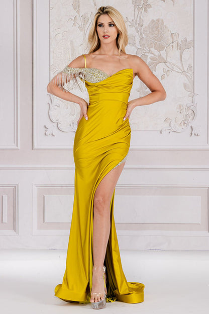 One Shoulder Strap Fringe Embellished Evening Gown w/ V-Neckline & Sexy Leg Slit AC3017-2