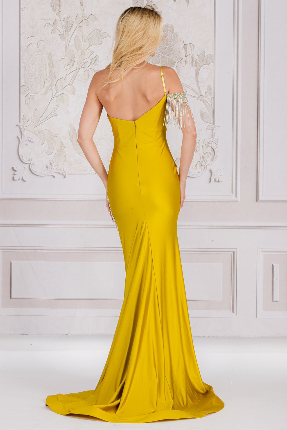 One Shoulder Strap Fringe Embellished Evening Gown w/ V-Neckline & Sexy Leg Slit AC3017-1
