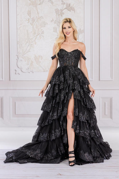 Off The Shoulder Sequins Embellished Maxi Prom Dress w/ Ruffled Skirt & Sheer Corset Bodice ACTM1012-1