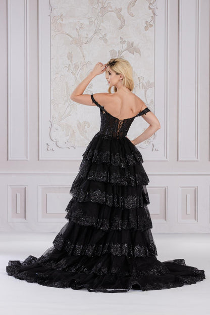 Off The Shoulder Sequins Embellished Maxi Prom Dress w/ Ruffled Skirt & Sheer Corset Bodice ACTM1012-2