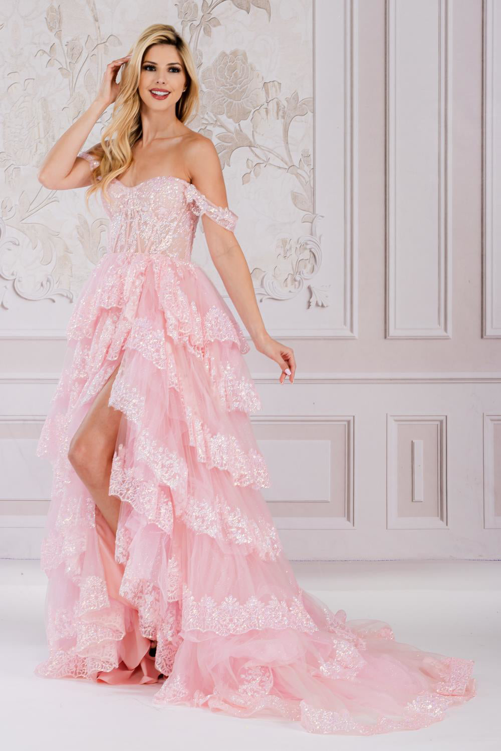 Off The Shoulder Sequins Embellished Maxi Prom Dress w/ Ruffled Skirt & Sheer Corset Bodice ACTM1012-4