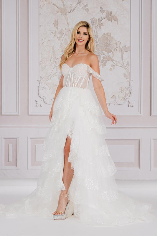 Off The Shoulder Sequins Embellished Maxi Prom Dress w/ Ruffled Skirt & Sheer Corset Bodice ACTM1012-0